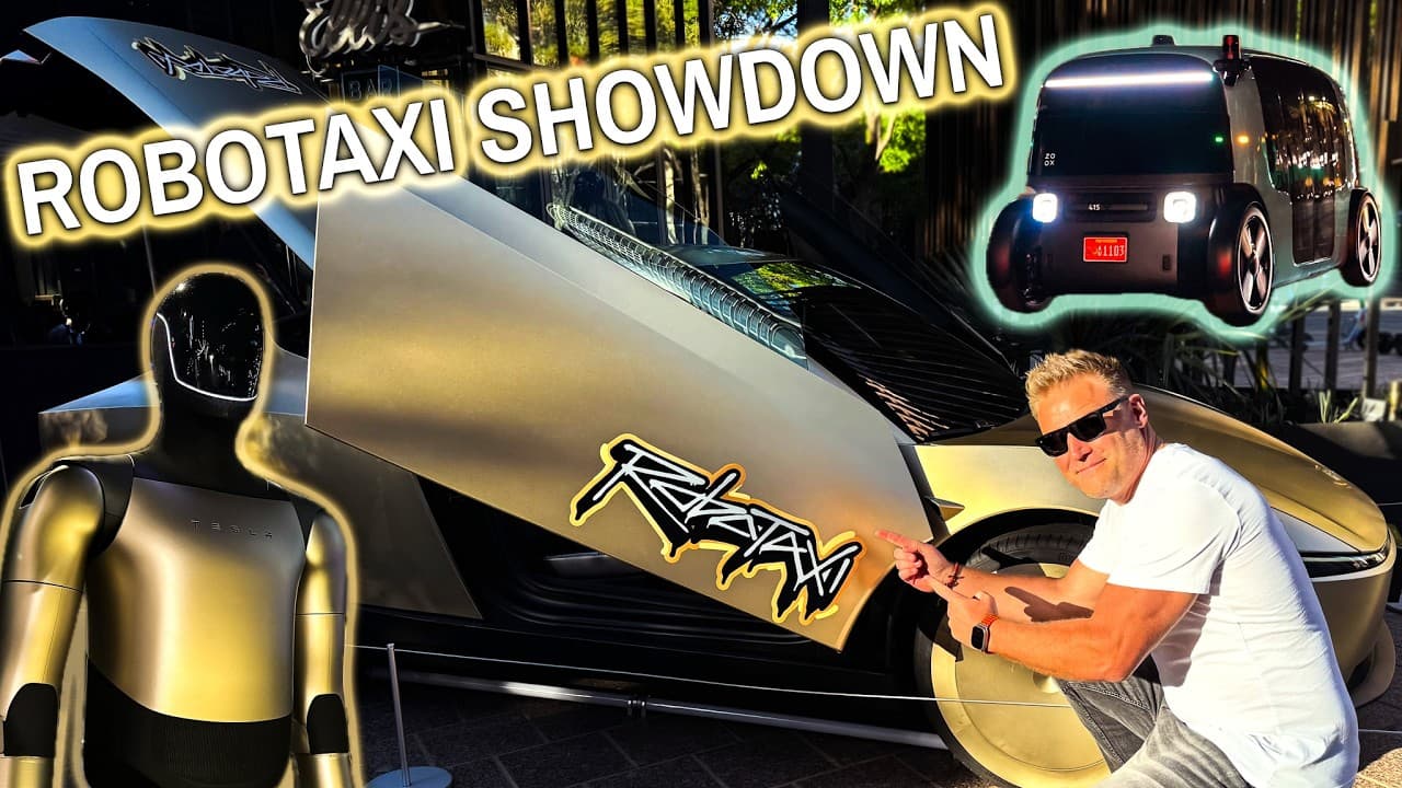 Tesla Cybercab on display at SXSW Austin alongside Zoox robotaxi comparison