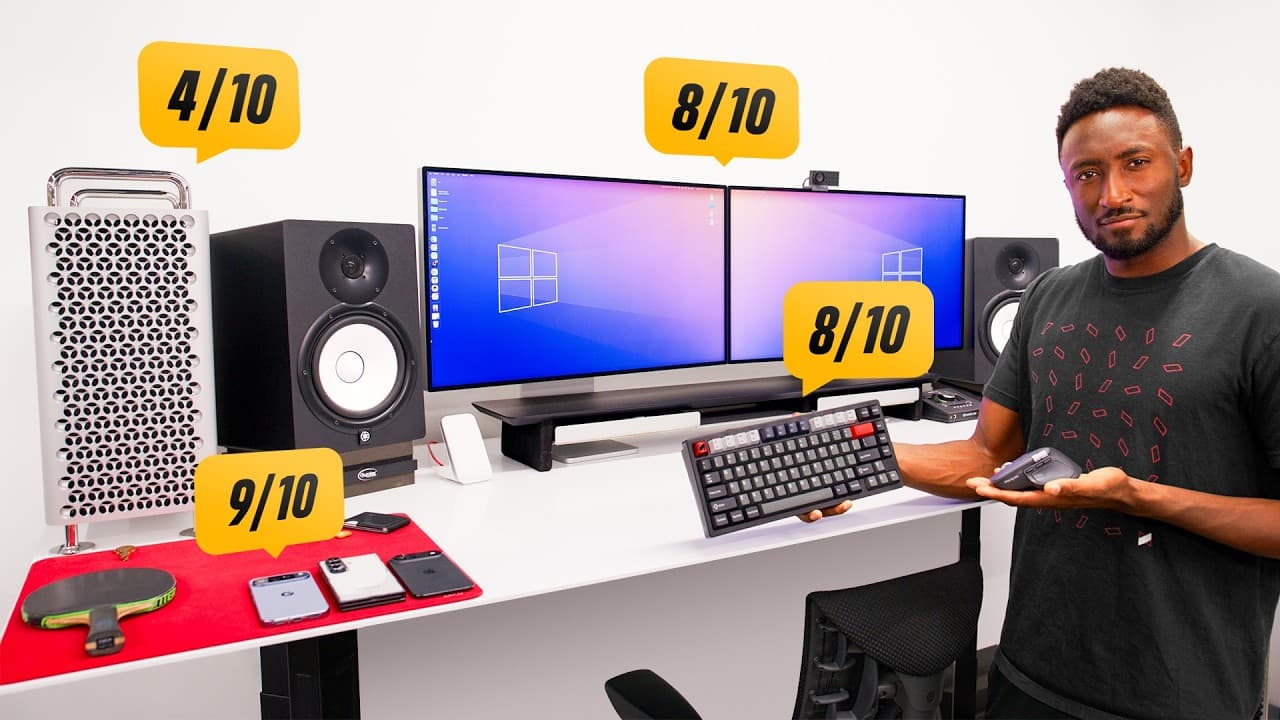MKBHD's desk setup featuring dual Pro Display XDRs, Mac Pro, and Yamaha HS8 studio monitors