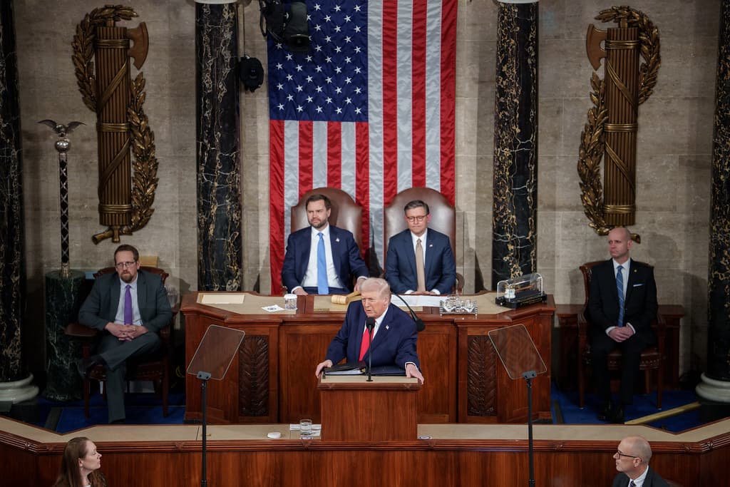 President Donald Trump speaking at the podium during his 2026 State of the Union address to Congress